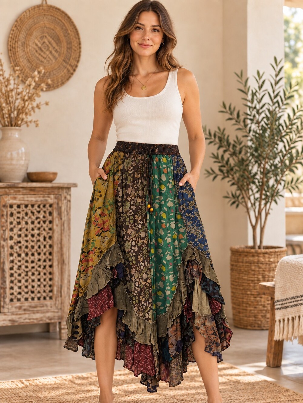 519.Bohemian Multi-Panel Ruffle Skirt - Green Floral